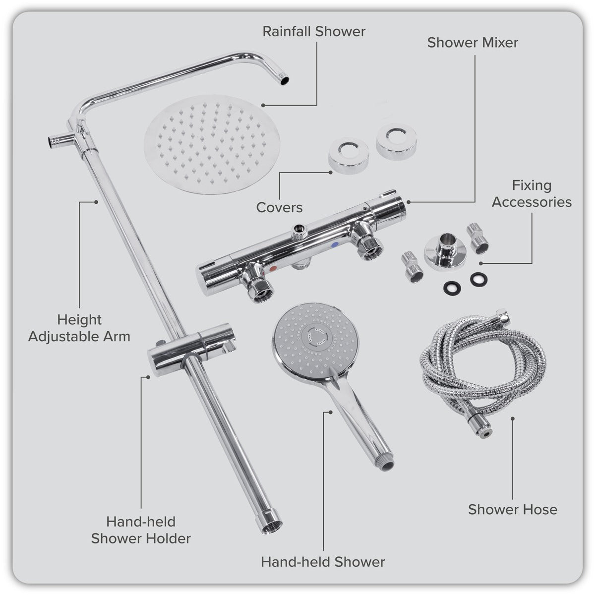 Baridi Thermostatic Shower Mixer Set, 20cm Round Head, Adjustable Rail - Chrome DH314
