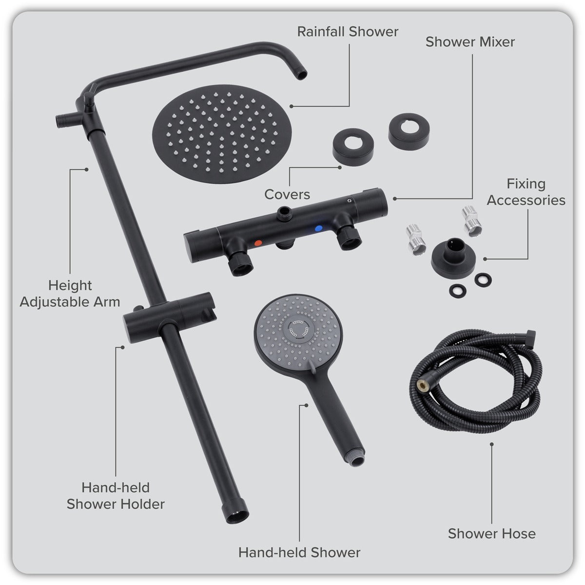 Baridi Thermostatic Shower Mixer Set, 20cm Round Head, Adjustable Rail - Black DH315