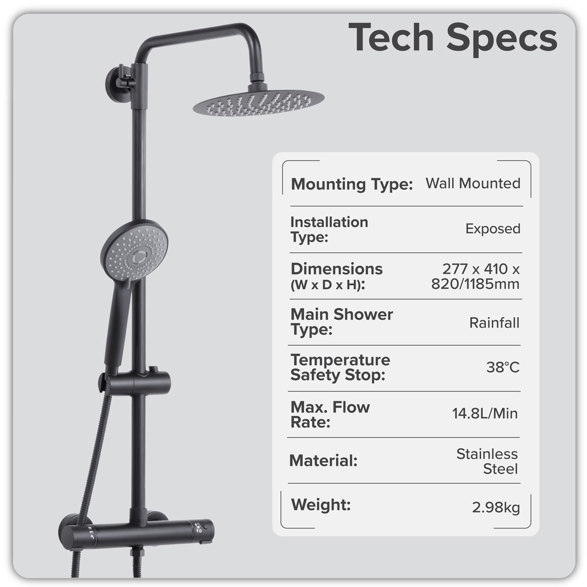 Baridi Thermostatic Shower Mixer Set, 20cm Round Head, Adjustable Rail - Black DH315