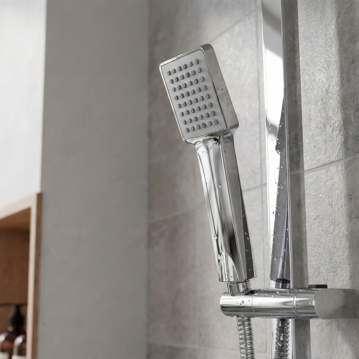 Baridi Thermostatic Shower Mixer Set, 20x20cm Square Head, Adjustable Rail - Chrome DH316