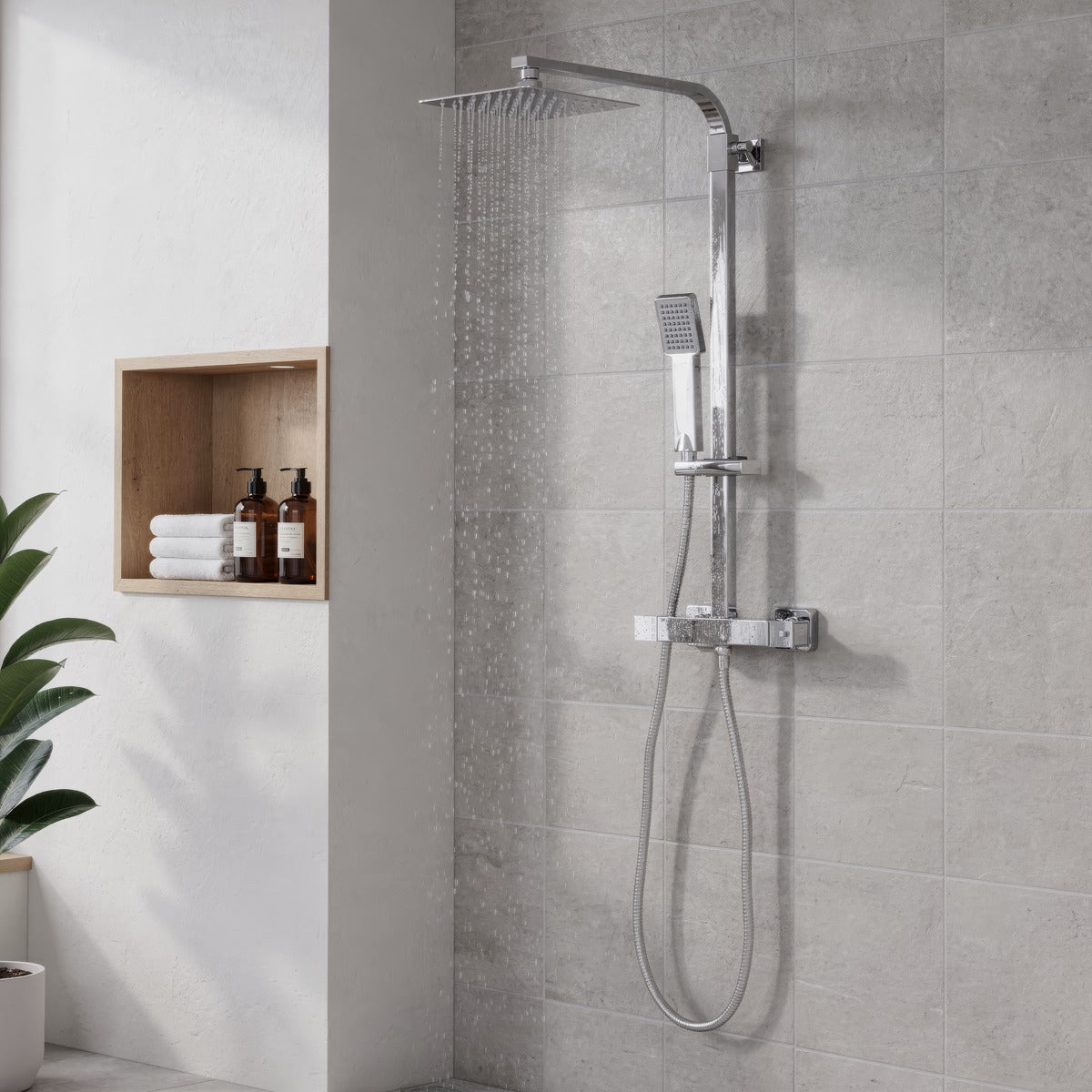 Baridi Thermostatic Shower Mixer Set, 20x20cm Square Head, Adjustable Rail - Chrome DH316