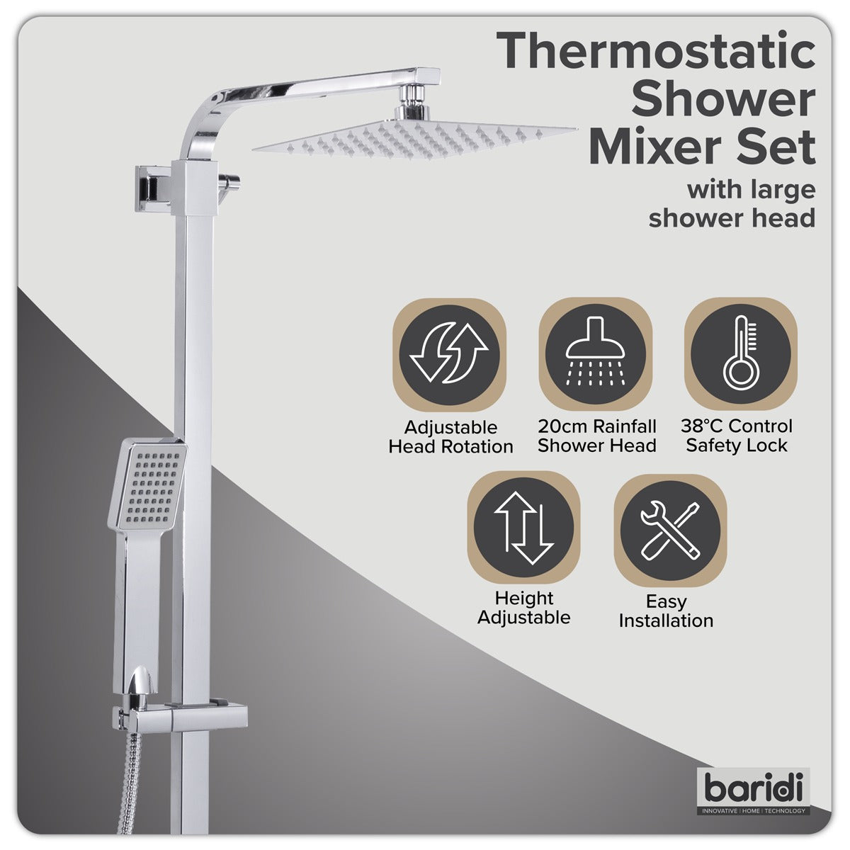 Baridi Thermostatic Shower Mixer Set, 20x20cm Square Head, Adjustable Rail - Black DH317