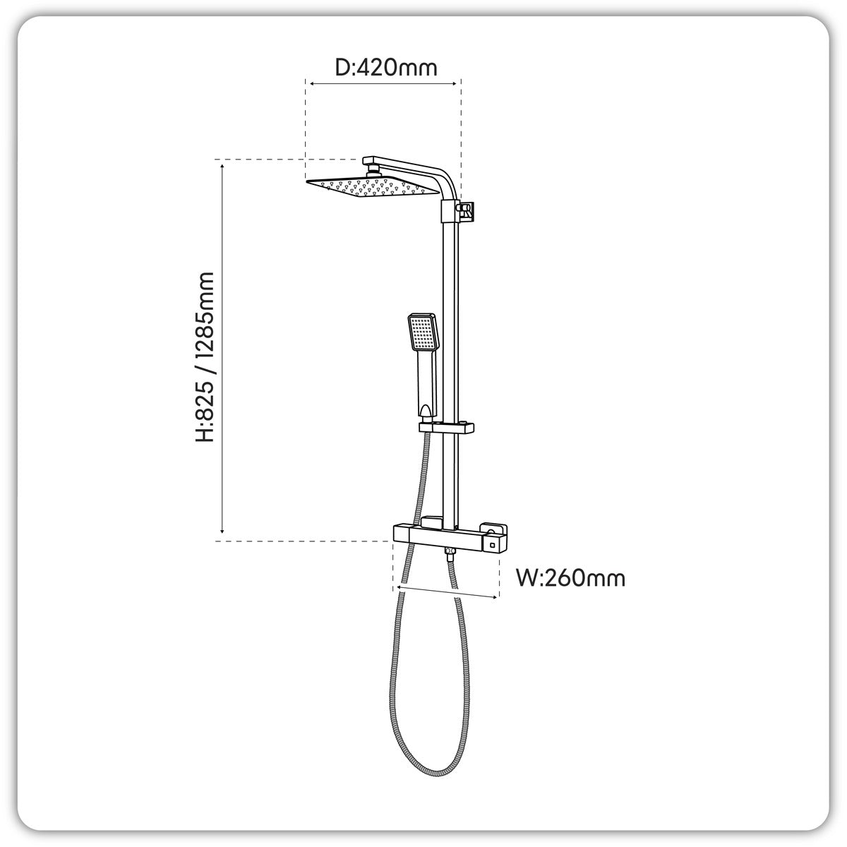 Baridi Thermostatic Shower Mixer Set, 20x20cm Square Head, Adjustable Rail - Black DH317