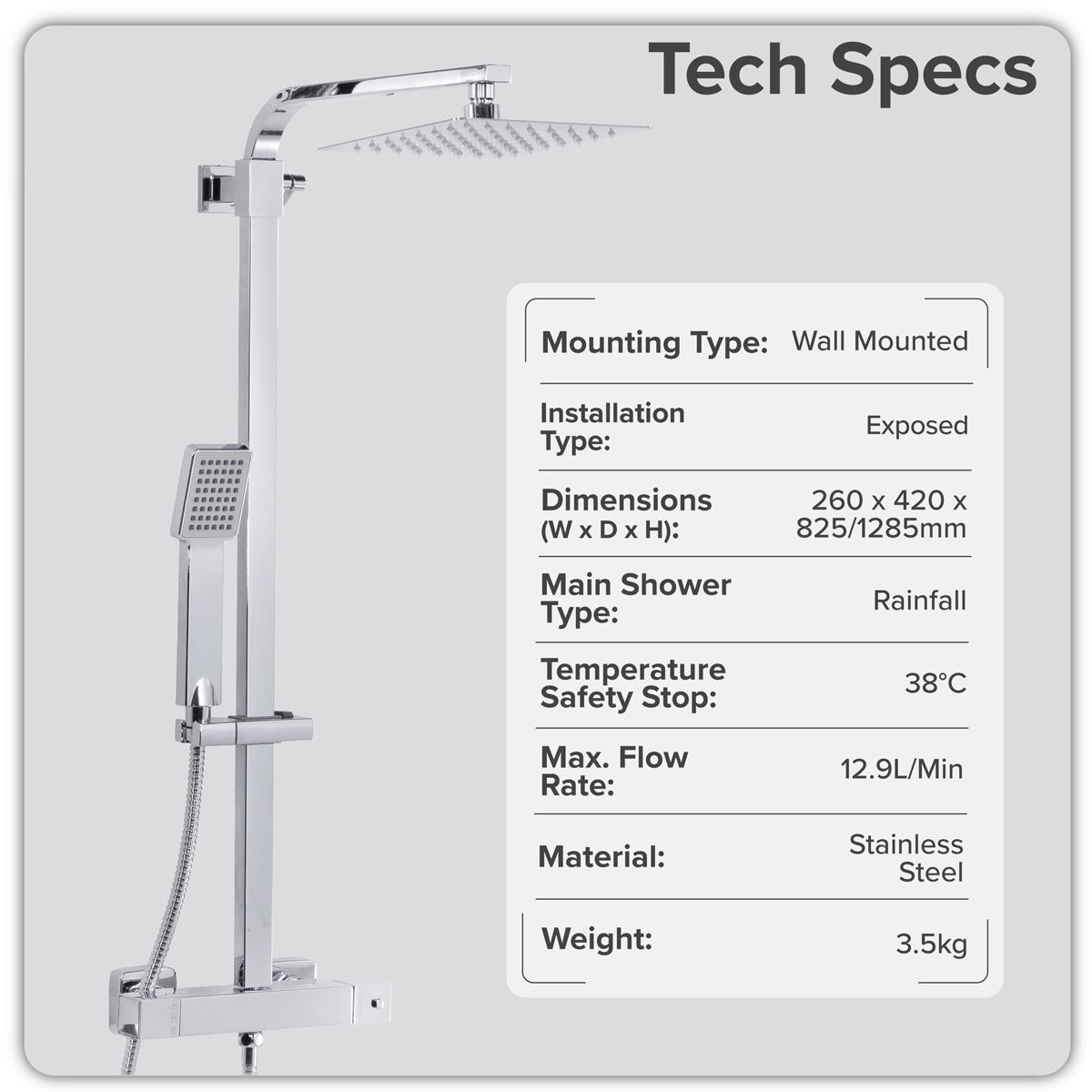 Baridi Thermostatic Shower Mixer Set, 20x20cm Square Head, Adjustable Rail - Black DH317