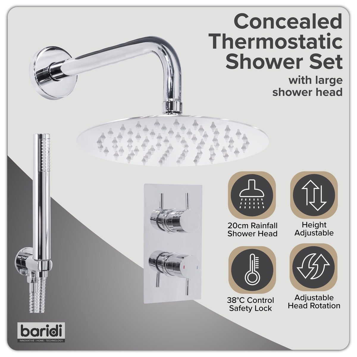 Baridi Concealed Thermostatic Shower Set 20cm Round Head & Hand Shower - Chrome DH318