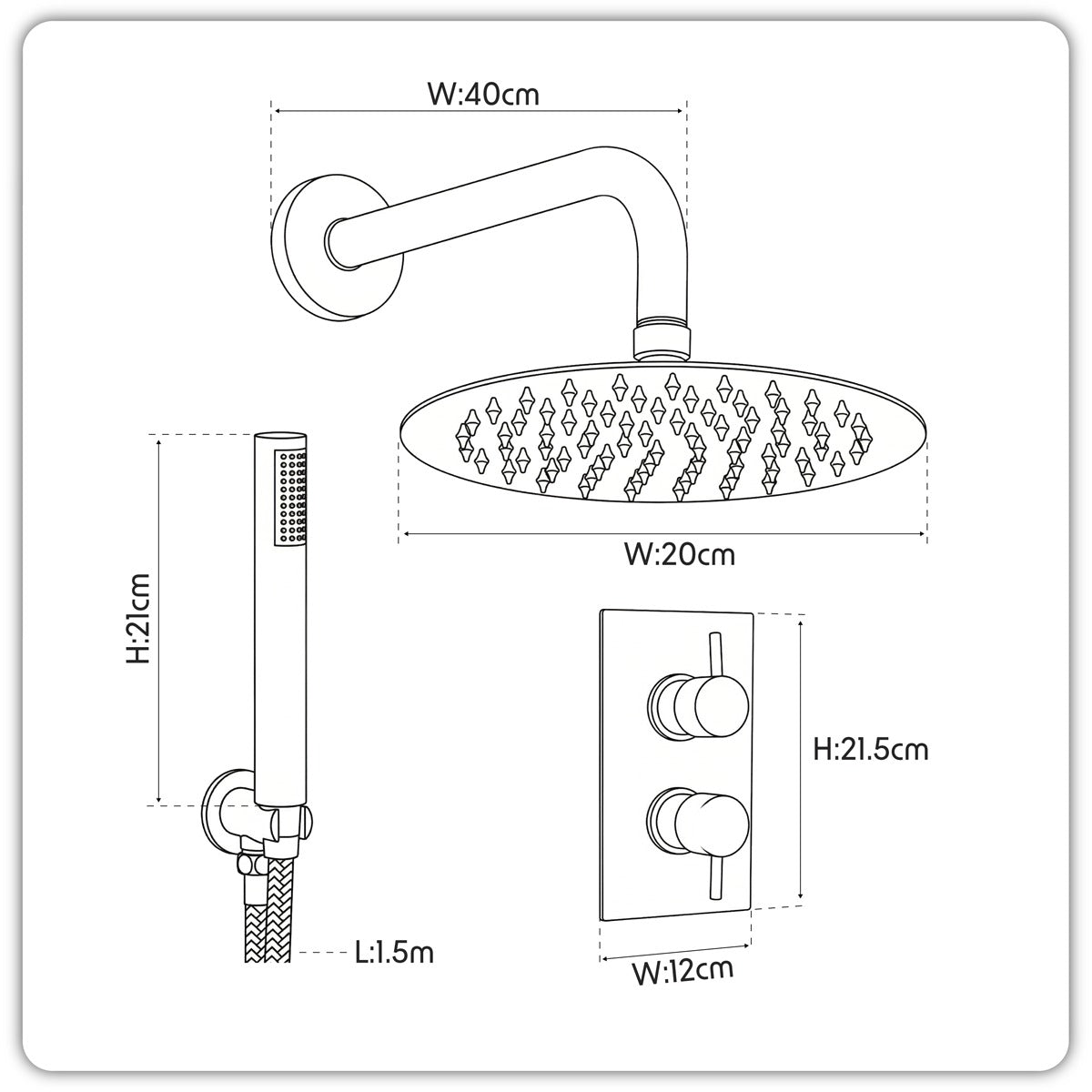Baridi Concealed Thermostatic Shower Set 20cm Round Head & Hand Shower - Chrome DH318