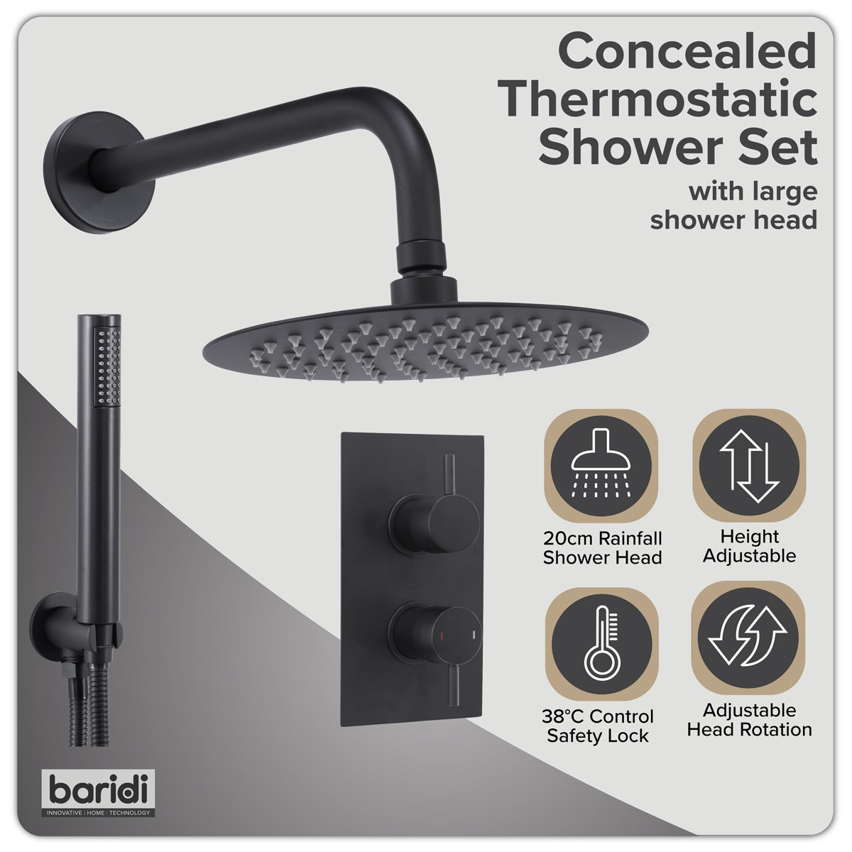 Baridi Concealed Thermostatic Shower Set, 20cm Round Head & Hand Shower - Black DH319
