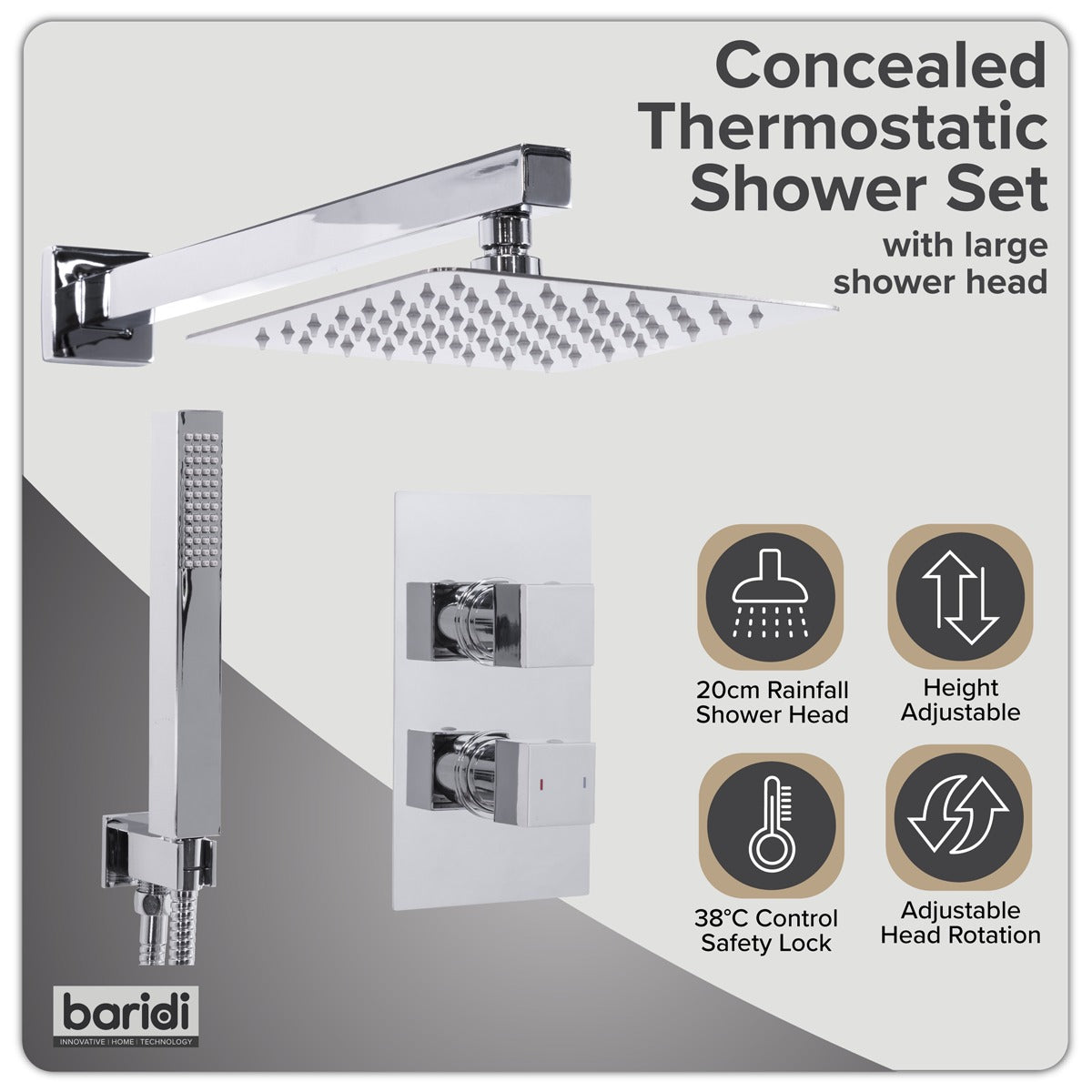 Baridi Concealed Thermostatic Shower Set 20 x 20cm Square Head & Hand Shower - Chrome DH320