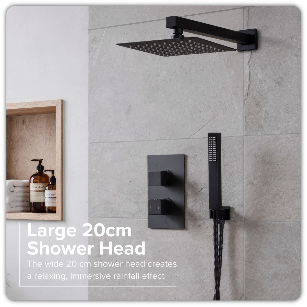 Baridi Concealed Thermostatic Shower Set 20 x 20cm Square Head & Hand Shower - Black DH321