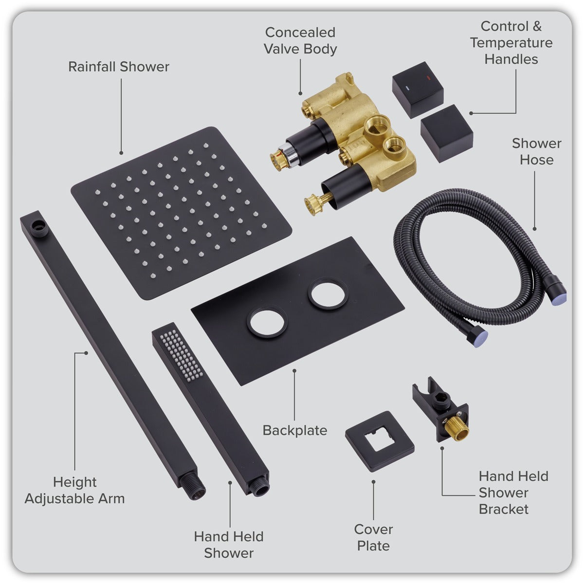 Baridi Concealed Thermostatic Shower Set 20 x 20cm Square Head & Hand Shower - Black DH321