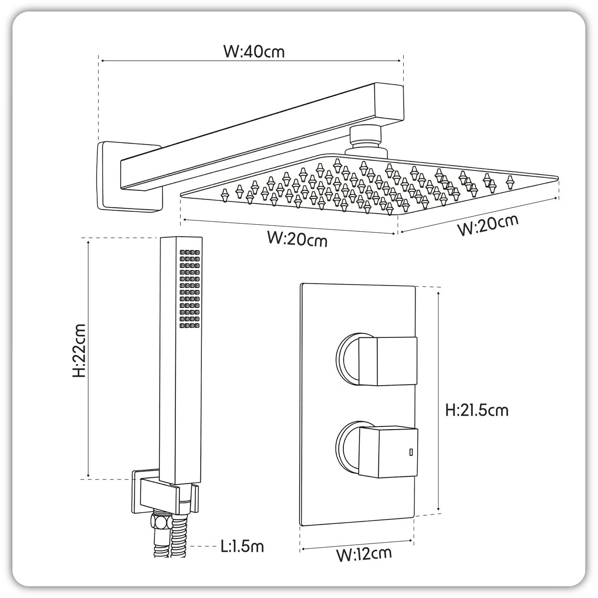 Baridi Concealed Thermostatic Shower Set 20 x 20cm Square Head & Hand Shower - Black DH321