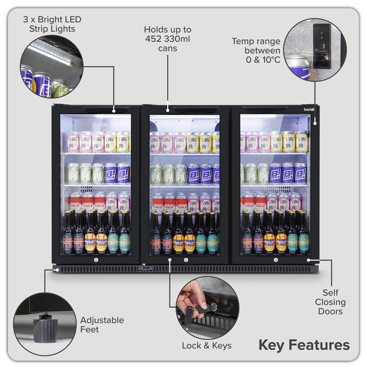 Baridi Hinged Triple Door, Back Bar Drinks Fridge/Cooler, 307L Capacity DH336
