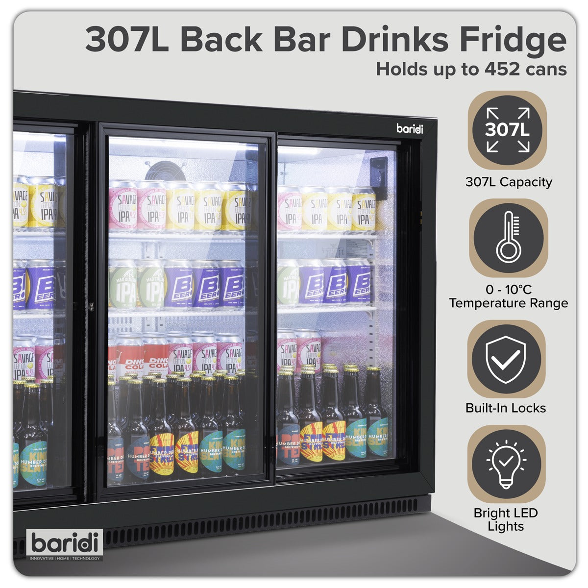 Baridi Sliding Triple Door, Back Bar Drinks Fridge/Cooler, 307L Capacity DH337