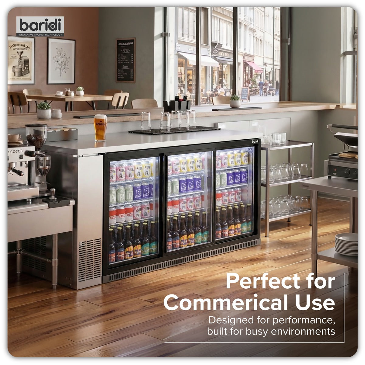 Baridi Sliding Triple Door, Back Bar Drinks Fridge/Cooler, 307L Capacity DH337