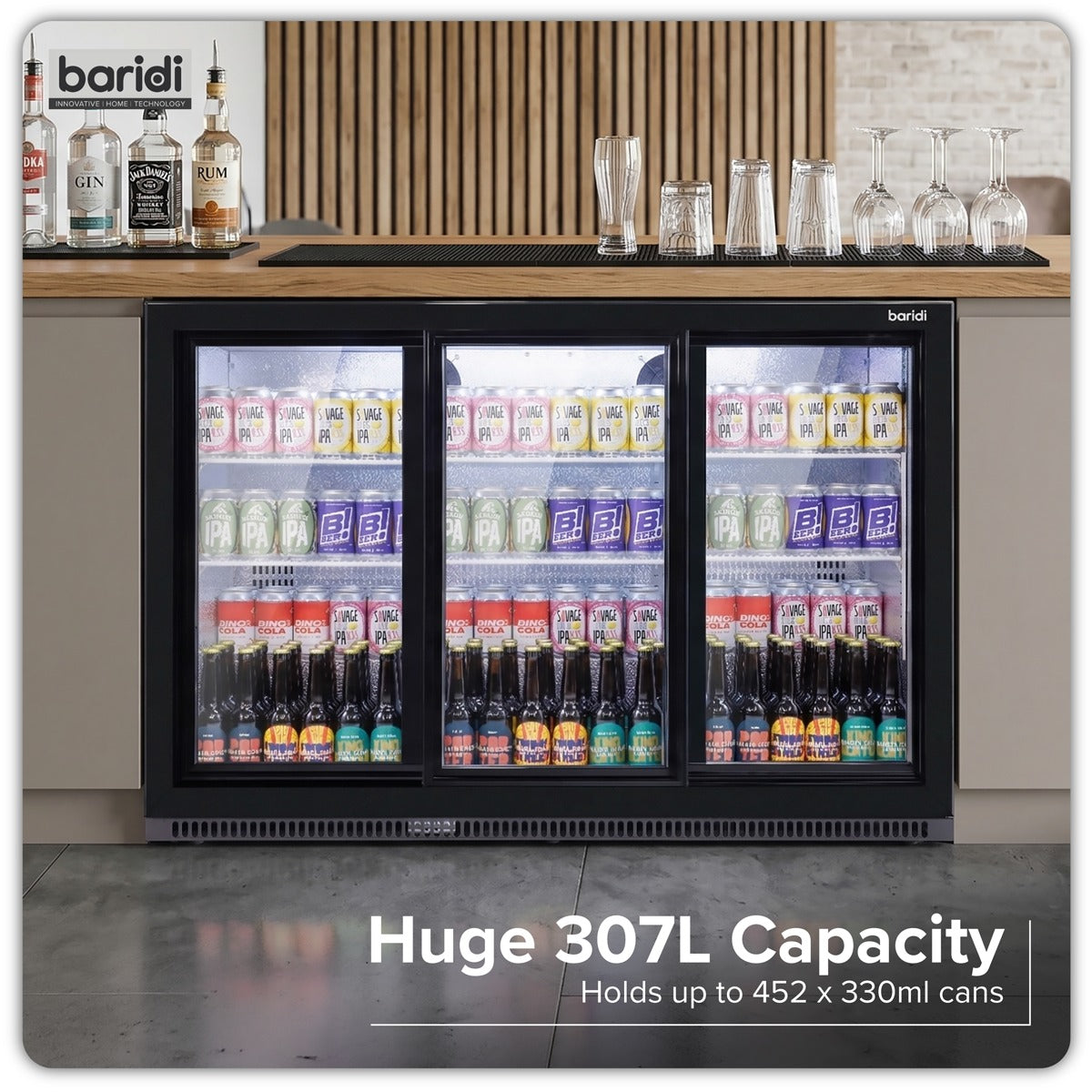 Baridi Sliding Triple Door, Back Bar Drinks Fridge/Cooler, 307L Capacity DH337