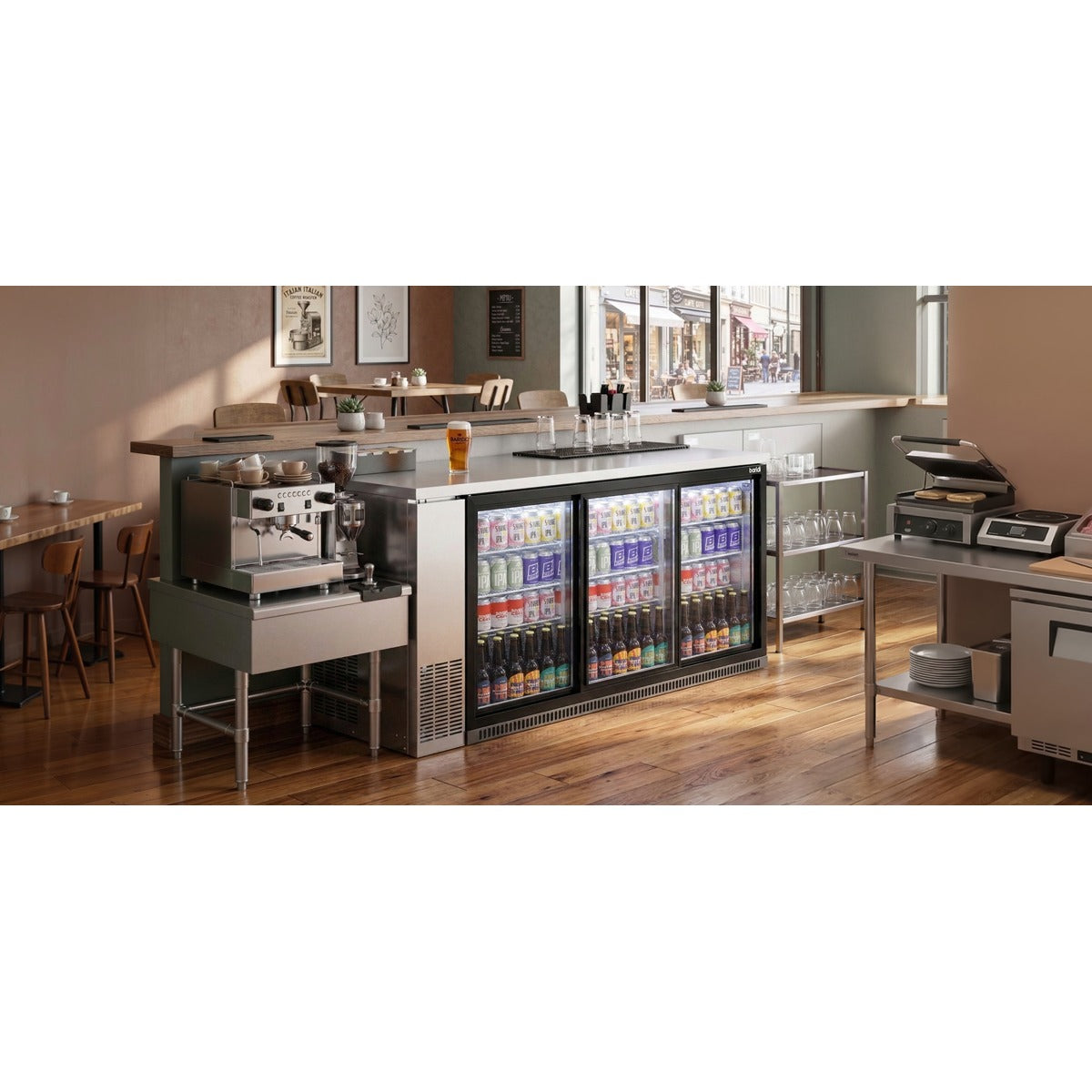 Baridi Sliding Triple Door, Back Bar Drinks Fridge/Cooler, 307L Capacity DH337