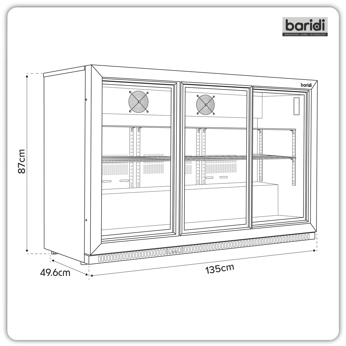 Baridi Sliding Triple Door, Back Bar Drinks Fridge/Cooler, 307L Capacity DH337