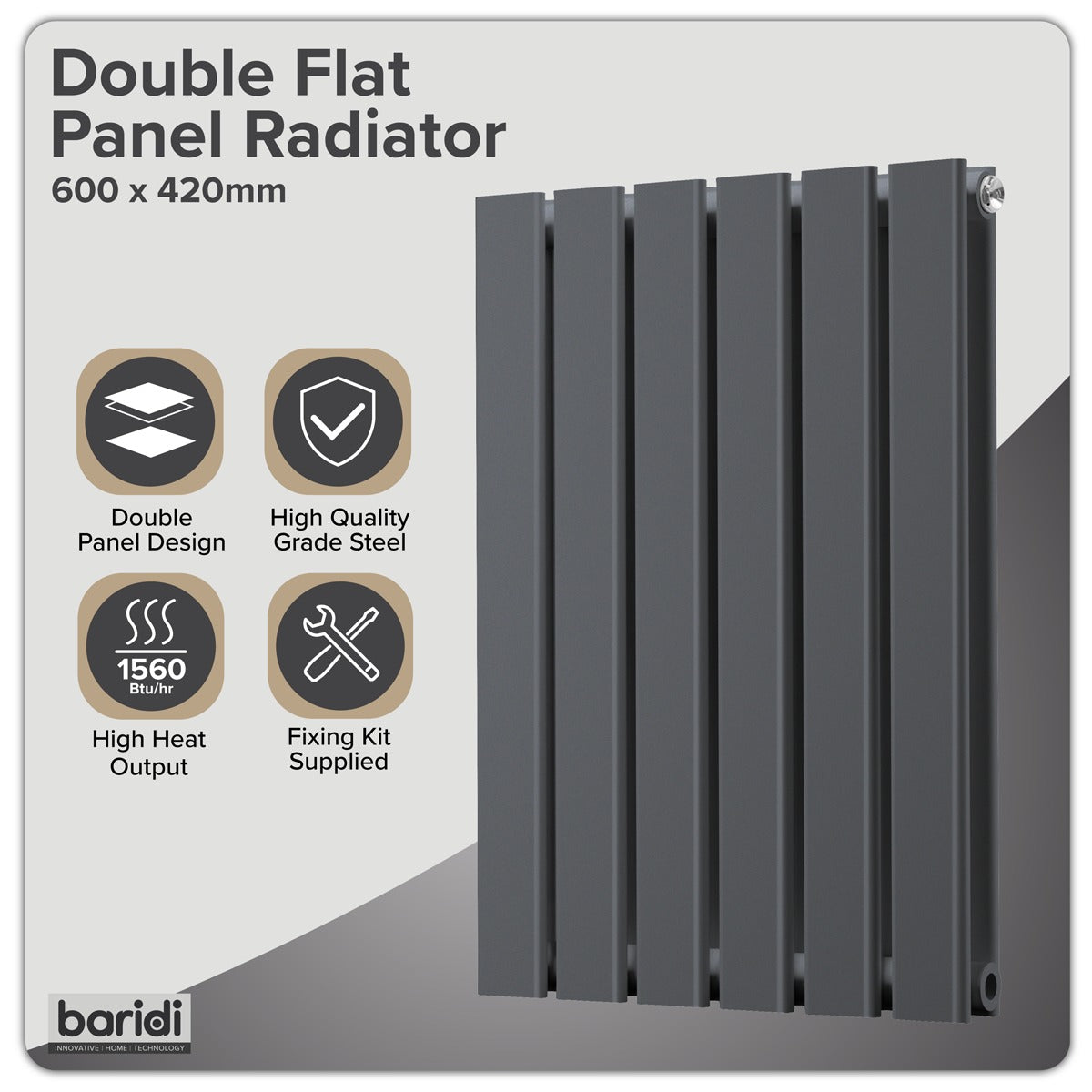 Baridi Horizontal Radiator Contemporary Double Flat Panel Design 420 x 600mm – Anthracite DH338