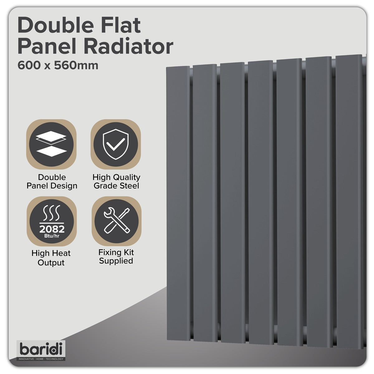 Baridi Horizontal Radiator Contemporary Double Flat Panel Design 600 x 560mm – Anthracite DH339
