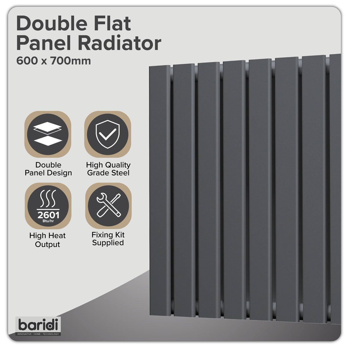 Baridi Horizontal Radiator Contemporary Double Flat Panel Design 600 x 700mm – Anthracite DH340
