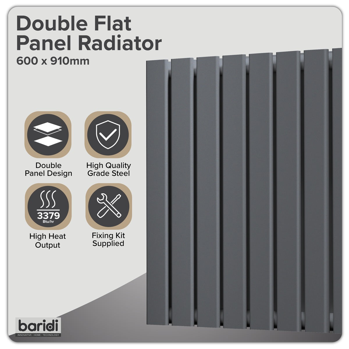 Baridi Horizontal Radiator Contemporary Double Flat Panel Design 600 x 910mm – Anthracite DH341