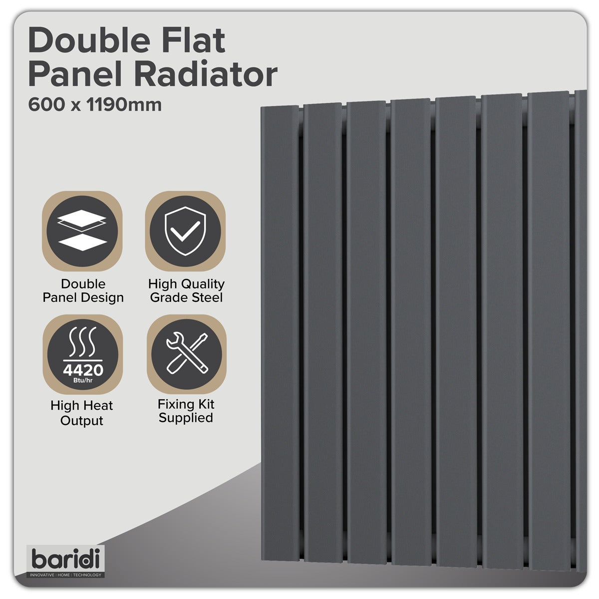Baridi Horizontal Radiator Contemporary Double Flat Panel Design 600 x 1190mm – Anthracite DH342