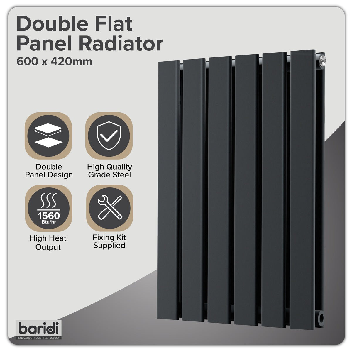 Baridi Horizontal Radiator Contemporary Double Flat Panel Design 600 x 420mm – Black DH343