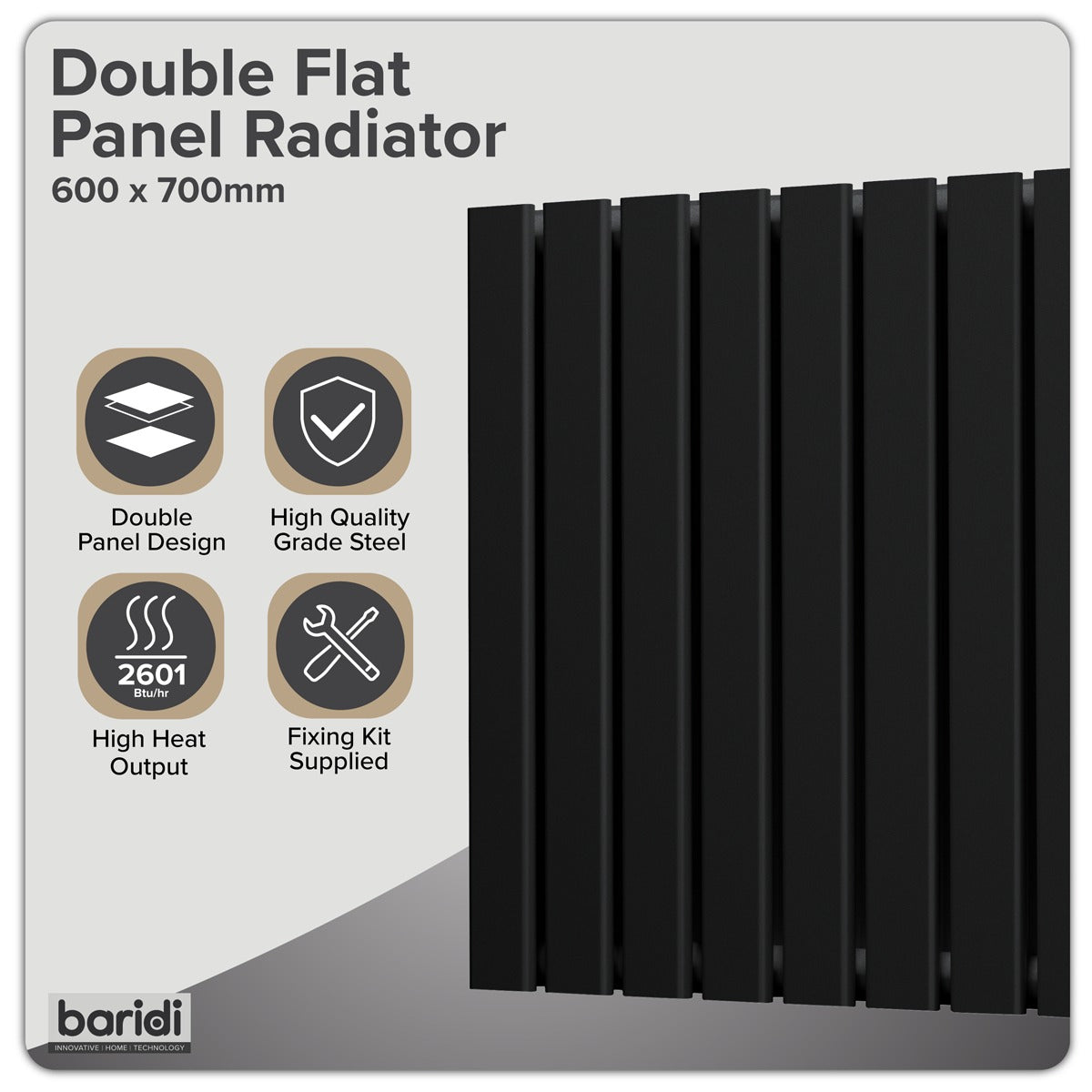Baridi Horizontal Radiator Contemporary Double Flat Panel Design 600 x 700mm – Black DH345