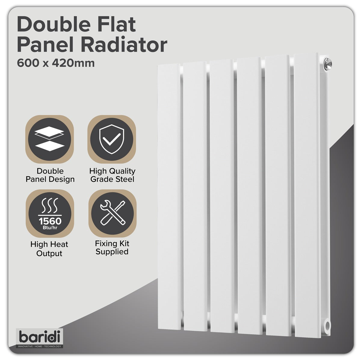 Baridi Horizontal Radiator Contemporary Double Flat Panel Design 600 x 420mm – White DH348