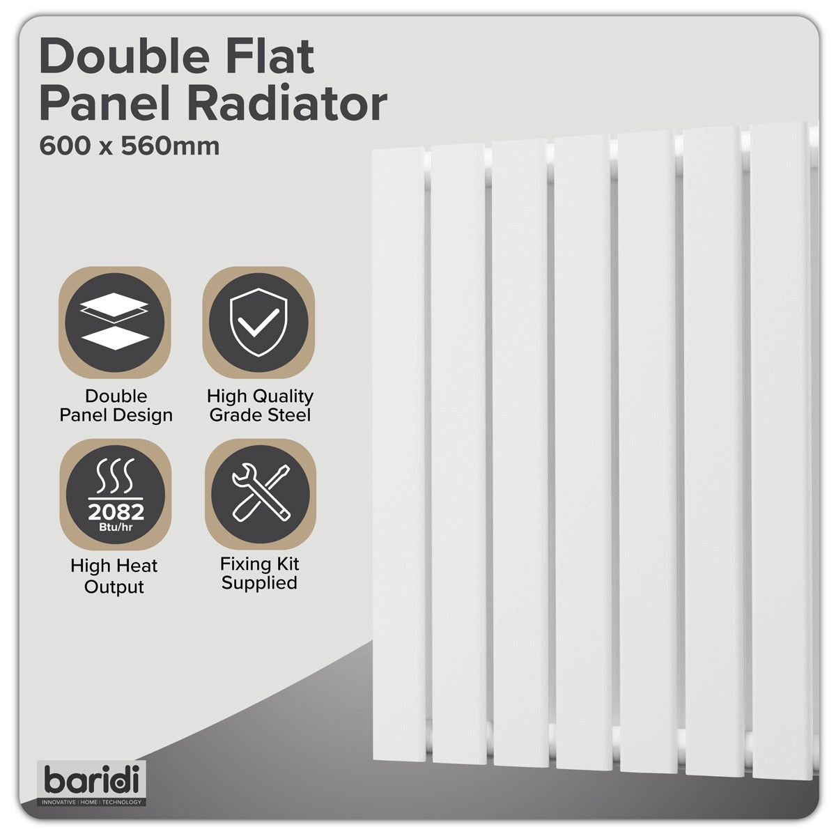 Baridi Horizontal Radiator Contemporary Double Flat Panel Design 600 x 560mm – White DH349