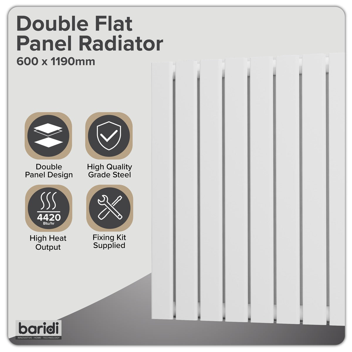 Baridi Horizontal Radiator Contemporary Double Flat Panel Design 600 x 1190mm – White DH352