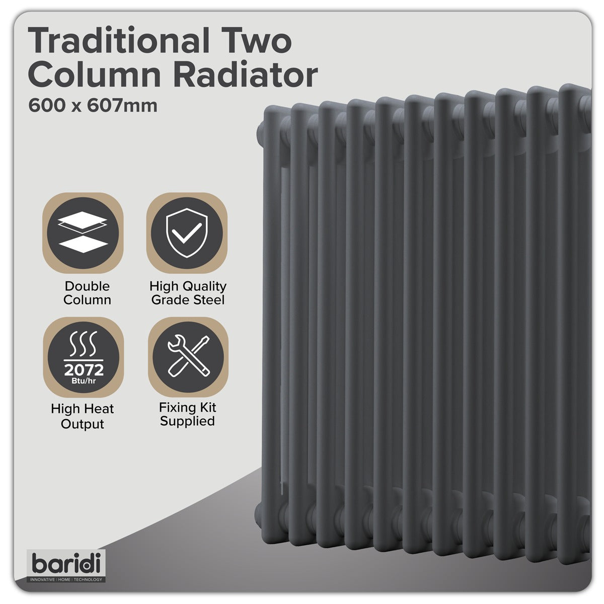 Baridi Horizontal Traditional 2 Column Radiator 600 x 607mm – Anthracite DH357