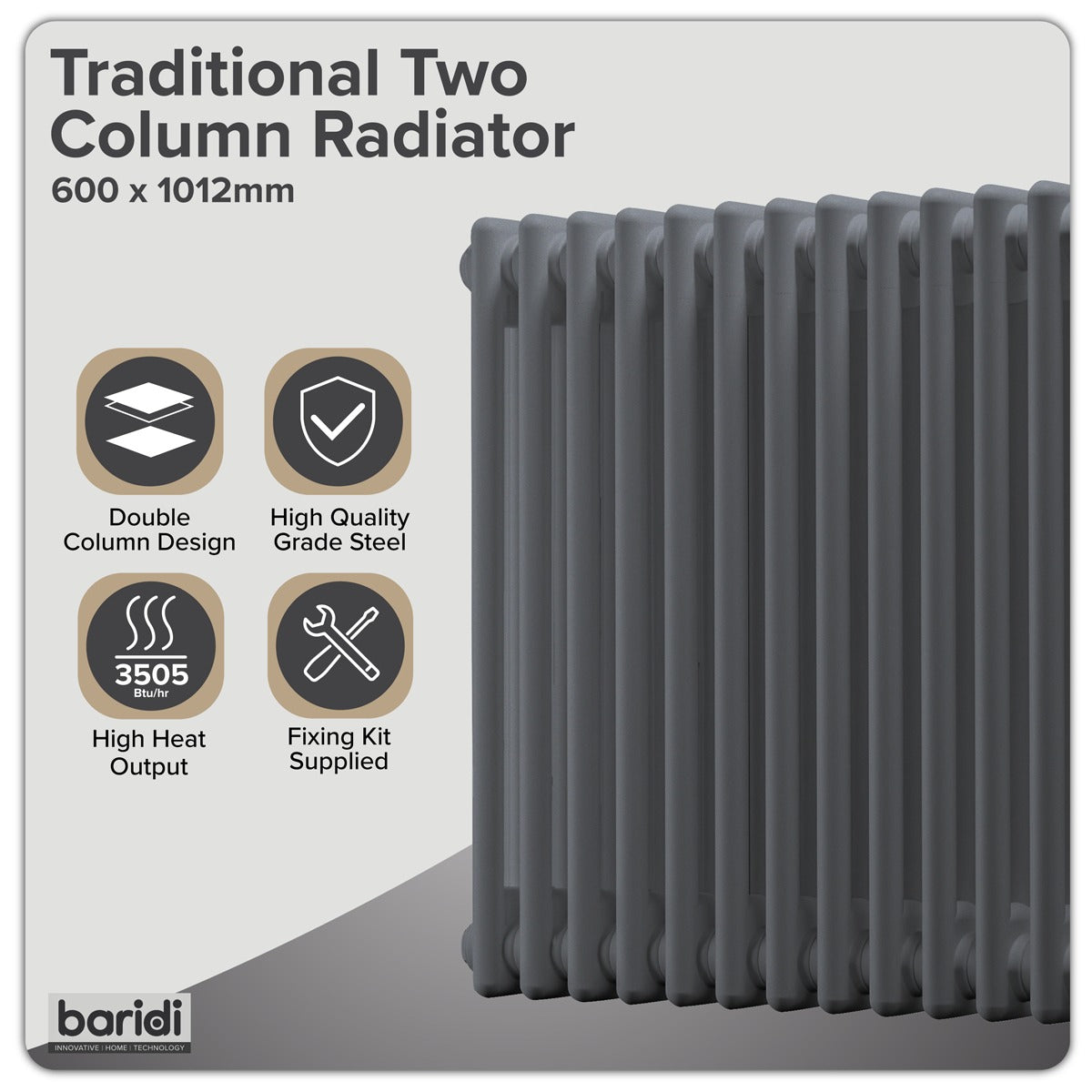 Baridi Horizontal Traditional 2 Column Radiator 600 x 1012mm – Anthracite DH359