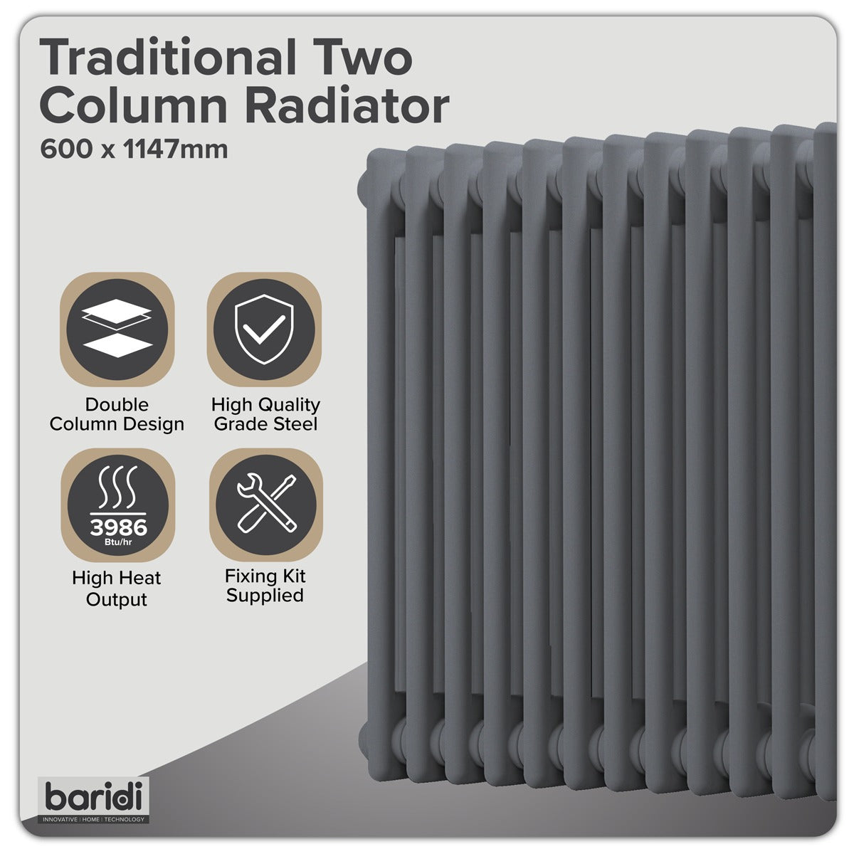 Baridi Horizontal Traditional 2 Column Radiator 600 x 1147mm – Anthracite DH360