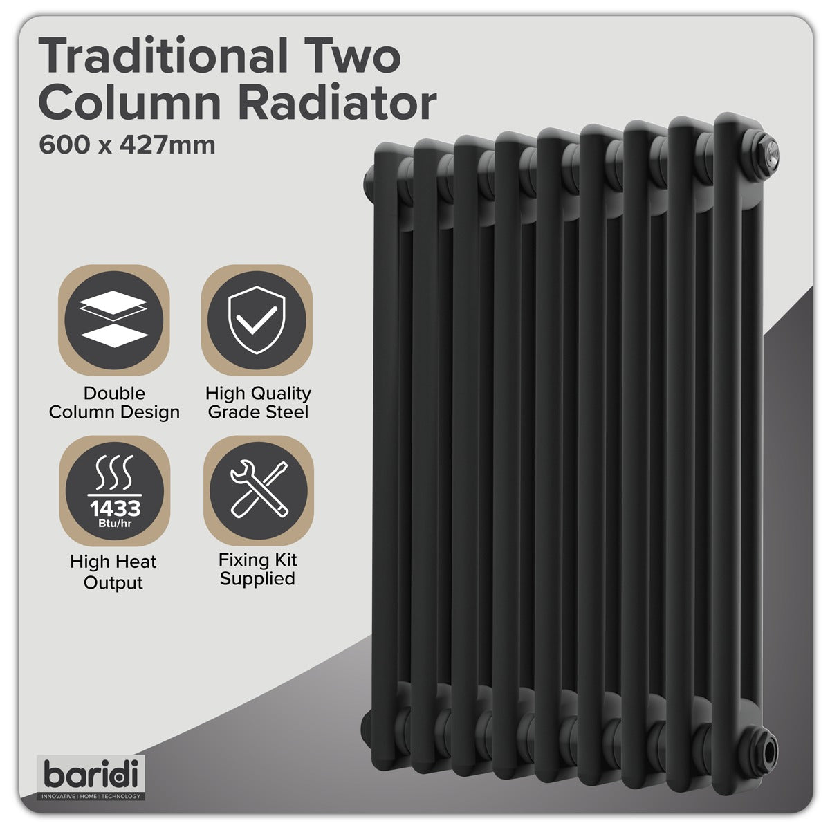 Baridi Horizontal Traditional 2 Column Radiator 600 x 427mm – Black DH361