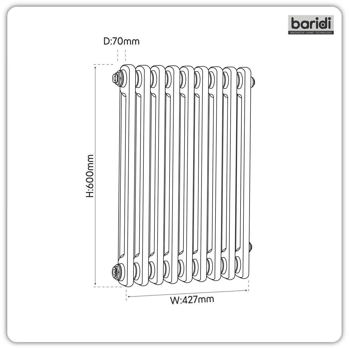 Baridi Horizontal Traditional 2 Column Radiator 600 x 427mm – Black DH361
