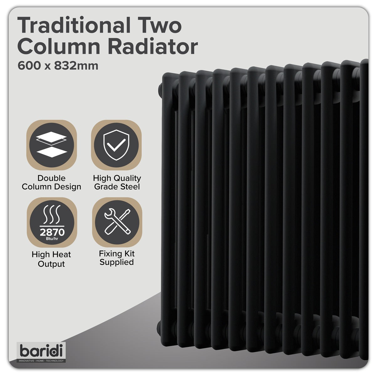 Baridi Horizontal Traditional 2 Column Radiator 600 x 832mm – Black DH363