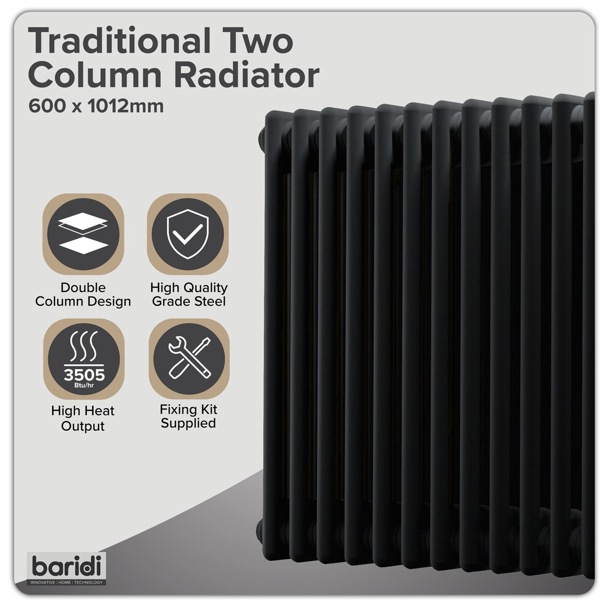 Baridi Horizontal Traditional 2 Column Radiator 600 x 1012mm – Black DH364