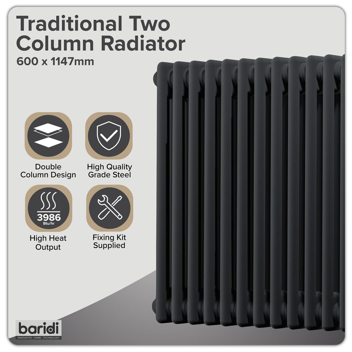 Baridi Horizontal Traditional 2 Column Radiator 600 x 1147mm – Black DH365