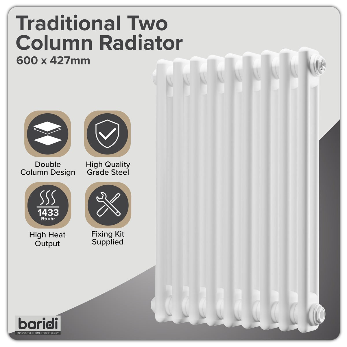 Baridi Horizontal Traditional 2 Column Radiator 600 x 427mm – White DH366