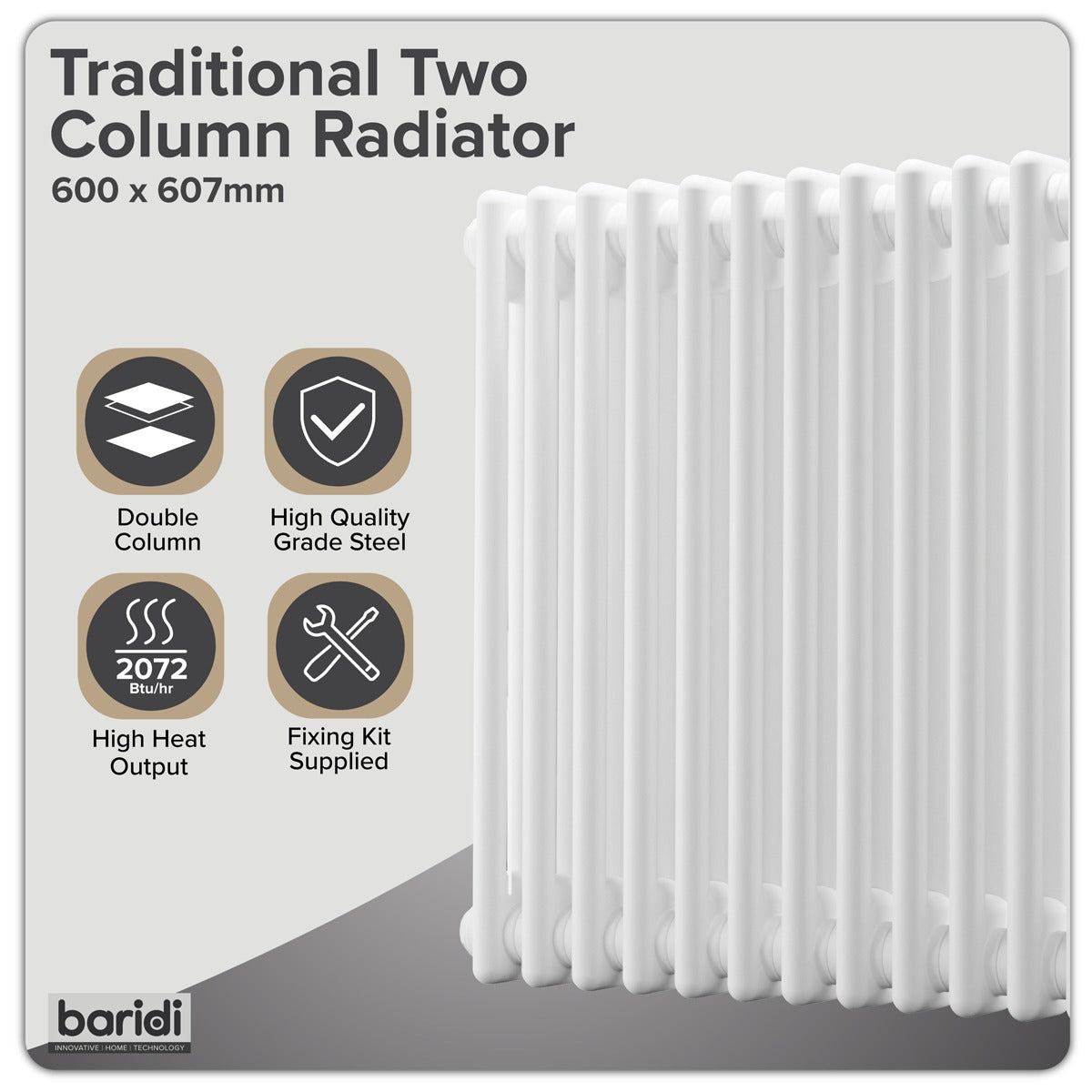 Baridi Horizontal Traditional 2 Column Radiator 600 x 607mm – White DH367