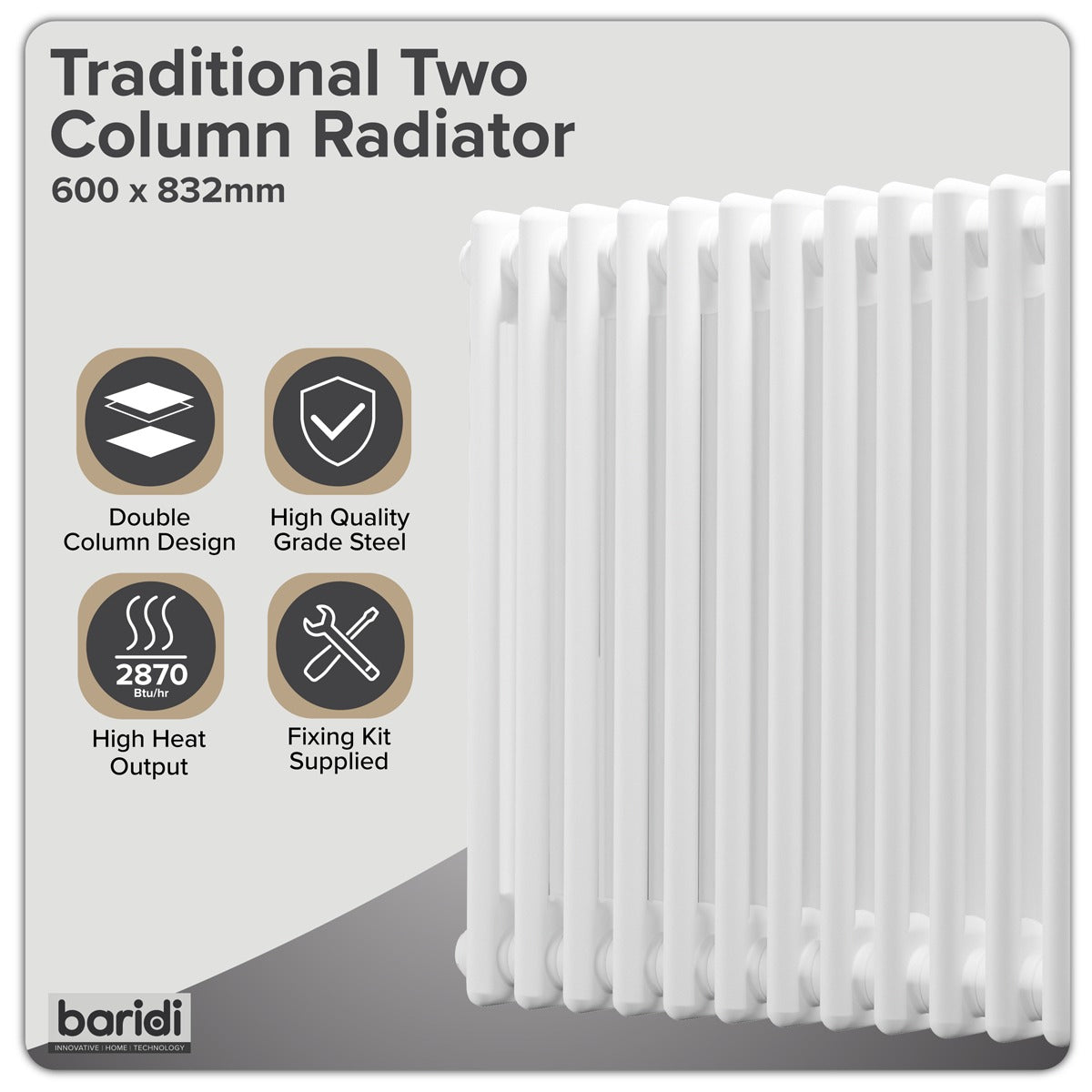 Baridi Horizontal Traditional 2 Column Radiator 600 x 832mm – White DH368