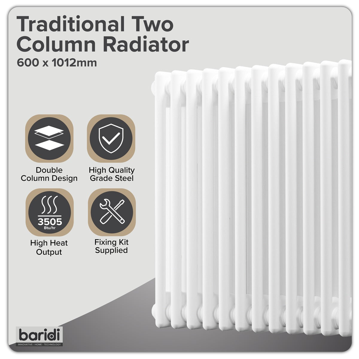 Baridi Horizontal Traditional 2 Column Radiator 600 x 1012mm – White DH369