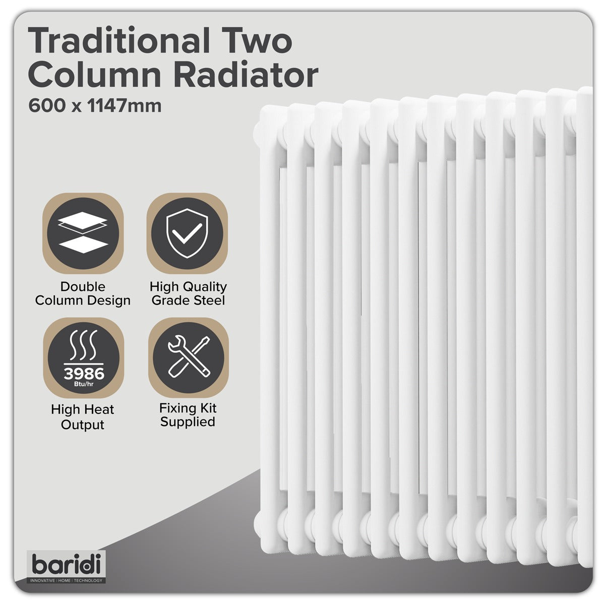 Baridi Horizontal Traditional 2 Column Radiator 600 x 1147mm – White DH370