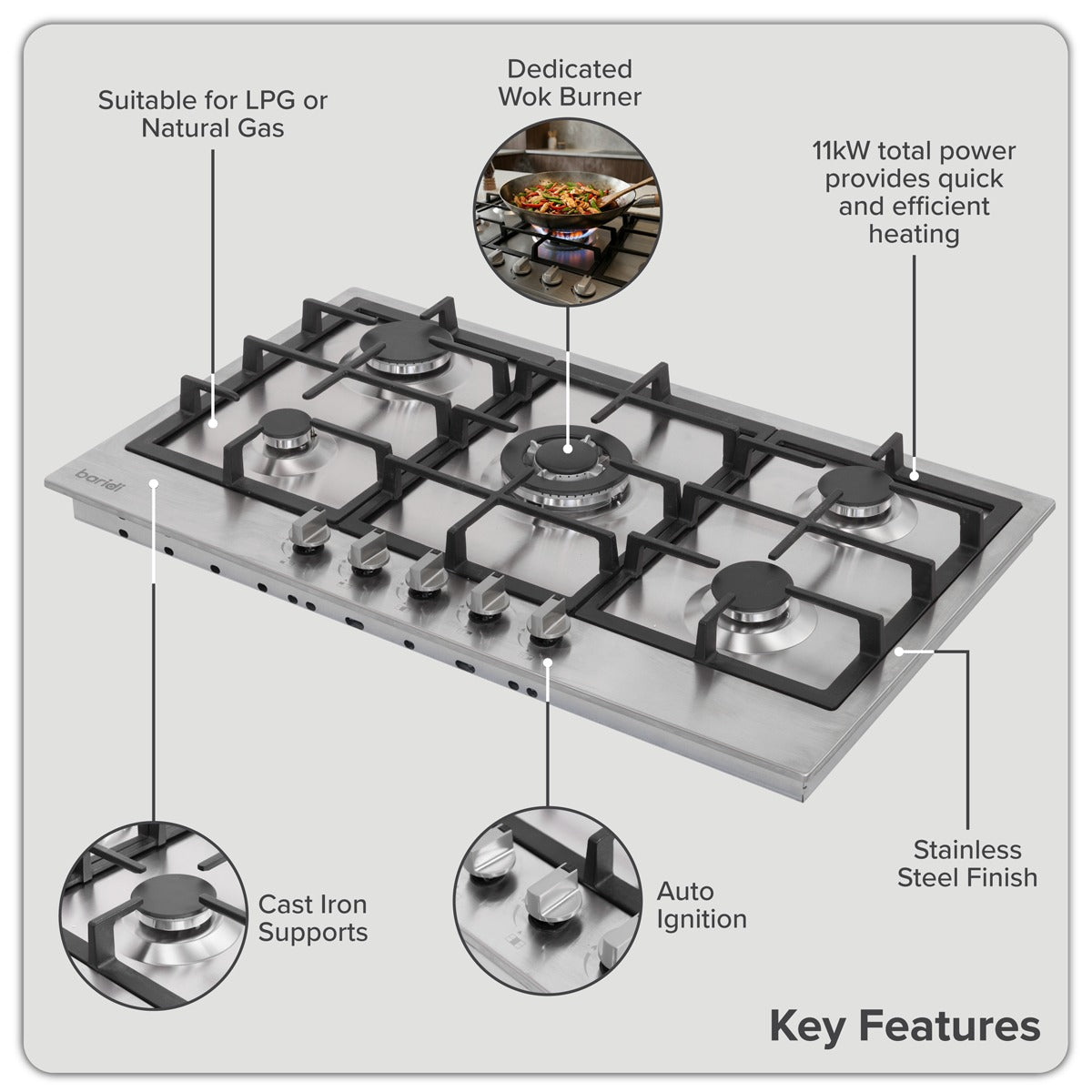 Baridi 90cm Gas Hob Stainless Steel with 5 Burners, Cast Iron Supports & Auto Ignition 11kW DH382