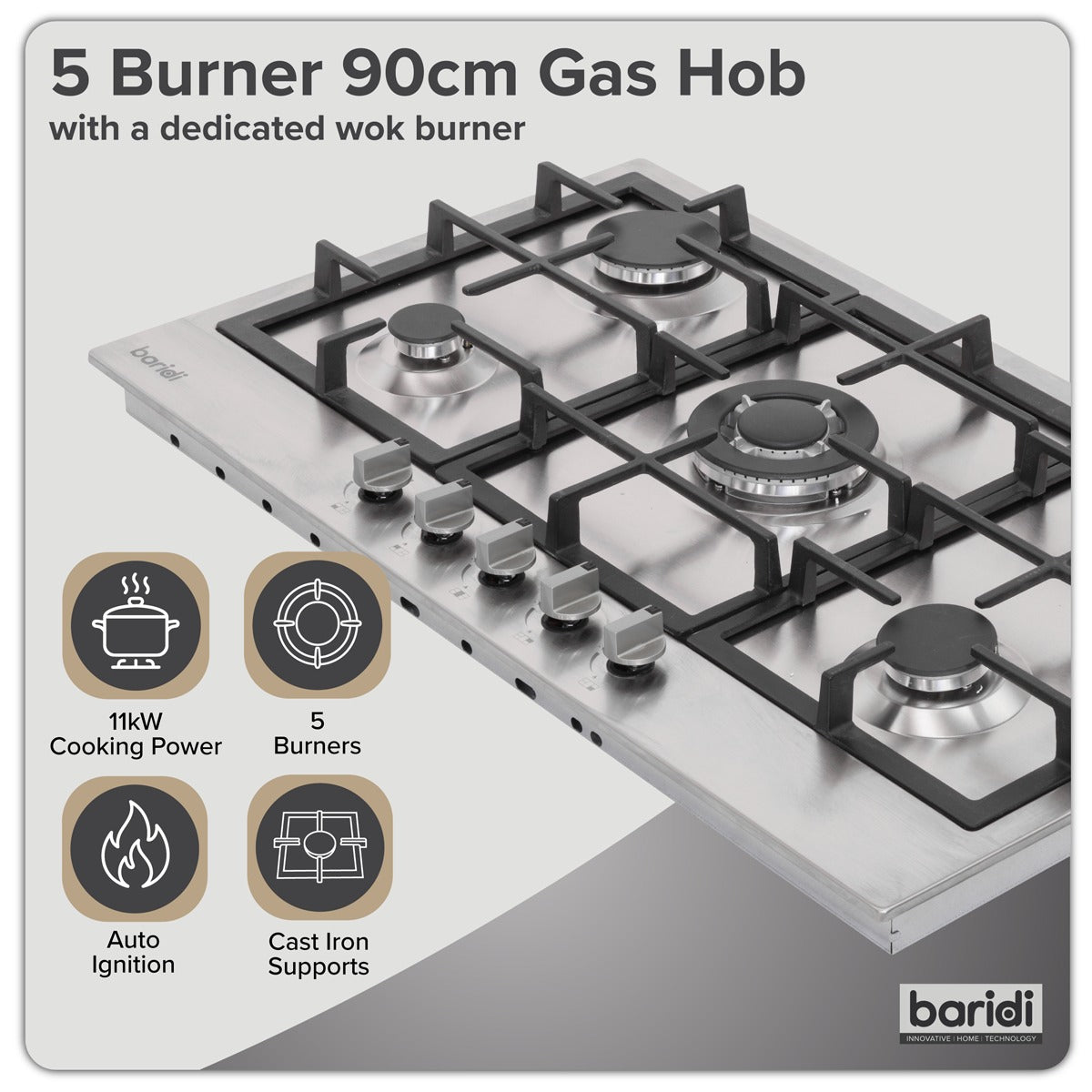 Baridi 90cm Gas Hob Stainless Steel with 5 Burners, Cast Iron Supports & Auto Ignition 11kW DH382