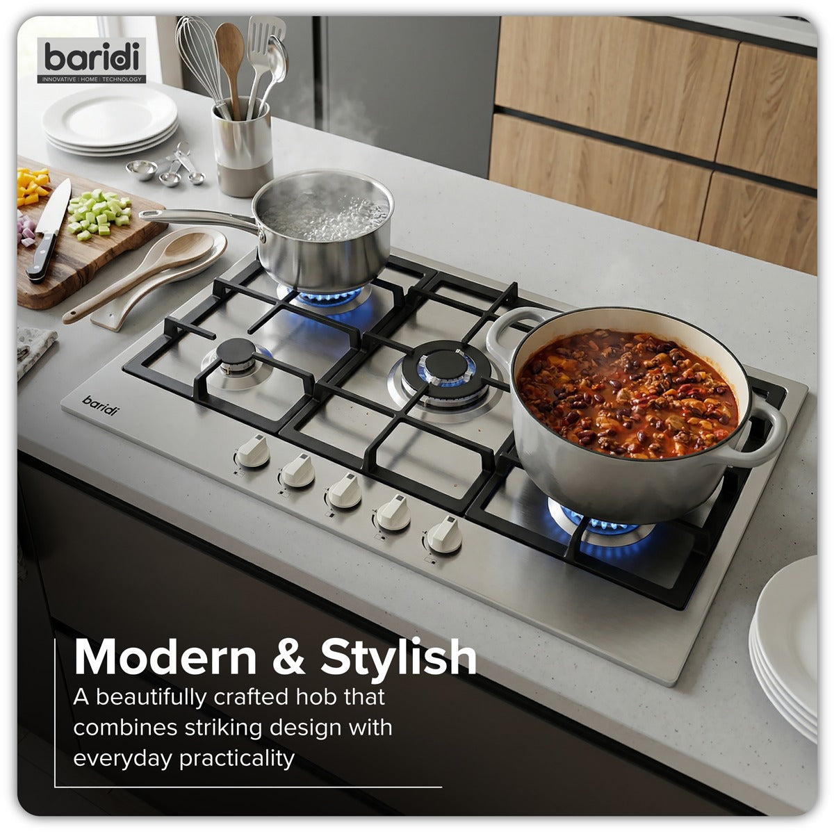 Baridi 90cm Gas Hob Stainless Steel with 5 Burners, Cast Iron Supports & Auto Ignition 11kW DH382