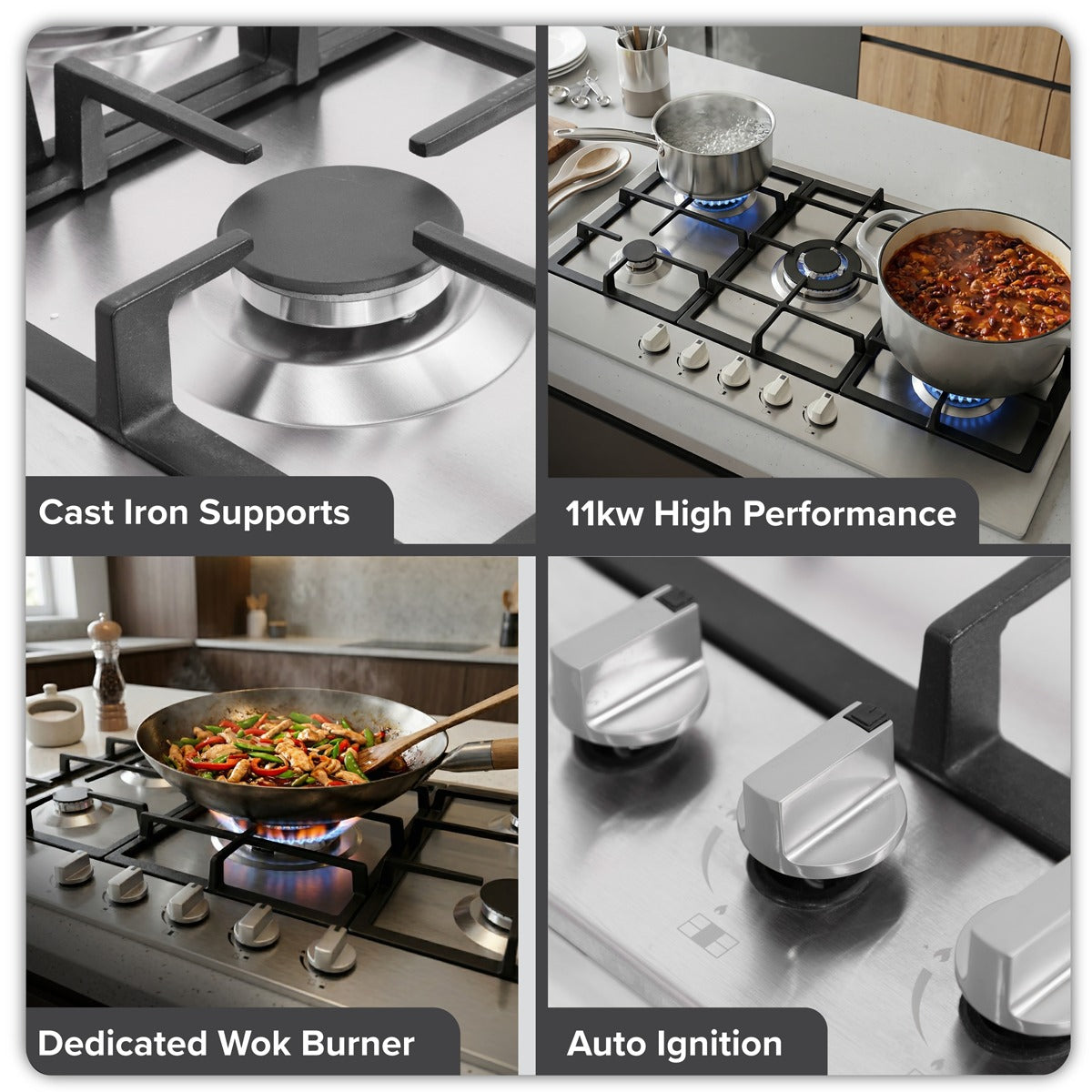 Baridi 90cm Gas Hob Stainless Steel with 5 Burners, Cast Iron Supports & Auto Ignition 11kW DH382