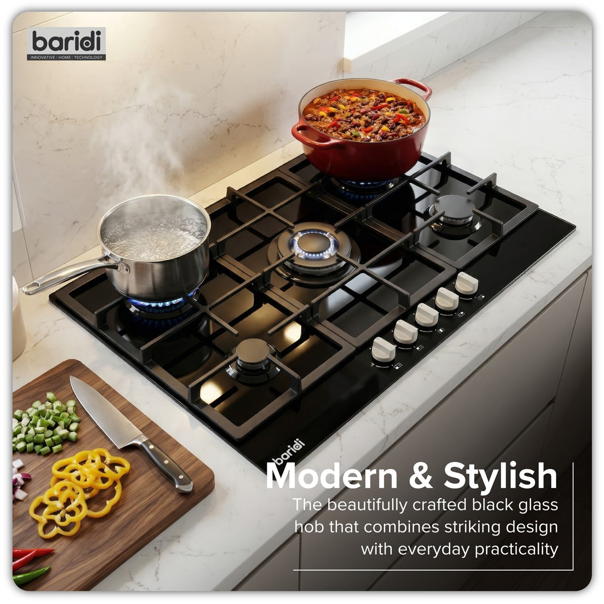 Baridi 90cm Gas Hob Glass with 5 Burners, Cast Iron Supports & Auto Ignition 11kW DH383