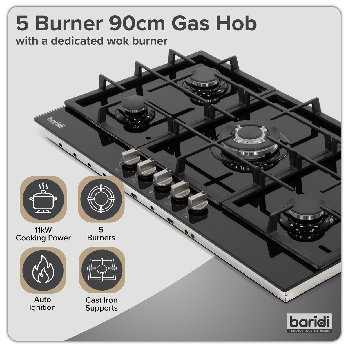 Baridi 90cm Gas Hob Glass with 5 Burners, Cast Iron Supports & Auto Ignition 11kW DH383